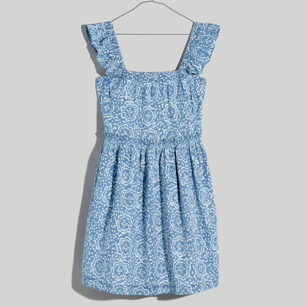 Madewell Flutter-Sleeve Ruffle Mini Dress in Flora Medallion